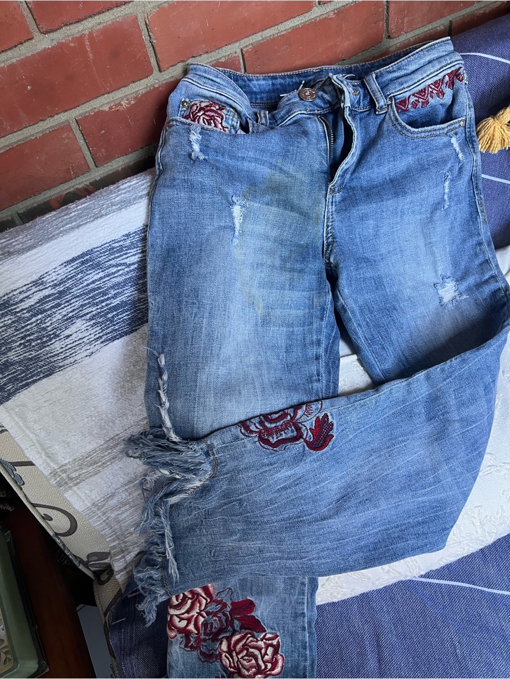 INC International Concepts Light Blue Wide-Leg Jeans with Red Floral Embroidery